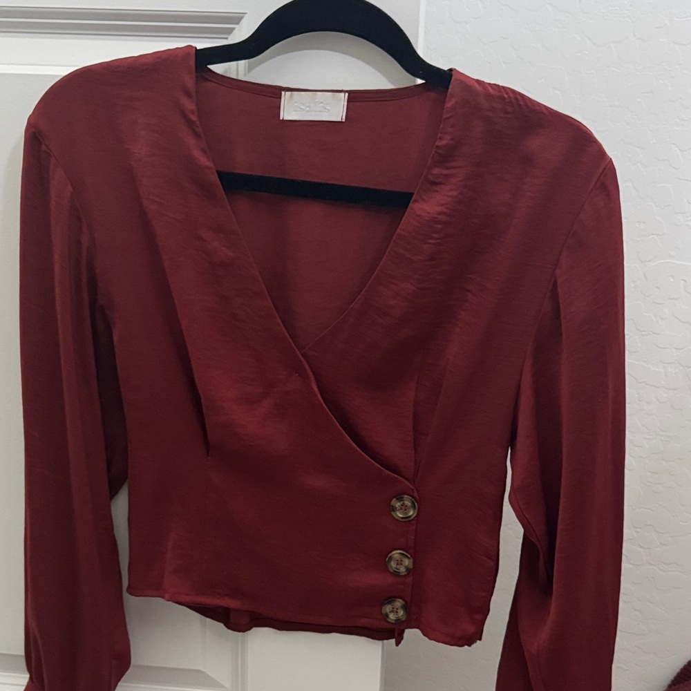 Chic Maroon Buttoned Wrap Blouse